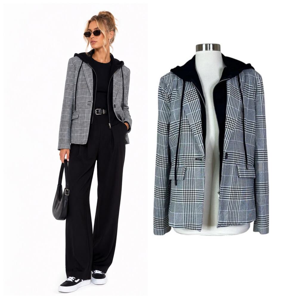 Evereve | Park Avenue Hoodie Dickie Black White Grey Plaid Blazer Jacket Large L